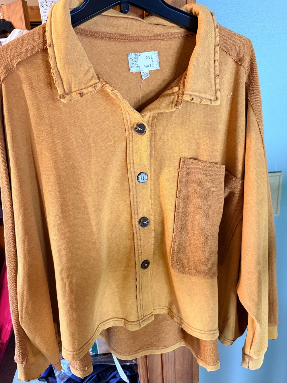 Oli & Hali Mustard Button-Front Pocket Shacket